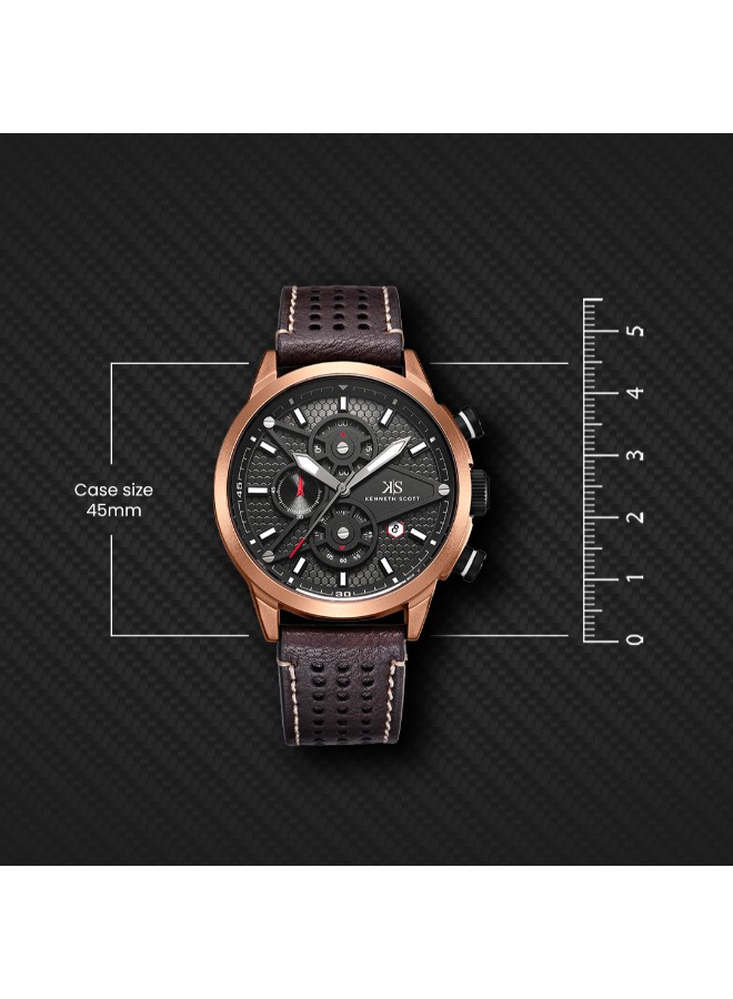 Kenneth Scott Men’s Chronograph Watch | Black Dial, 45mm, 30 m (3 ATM)