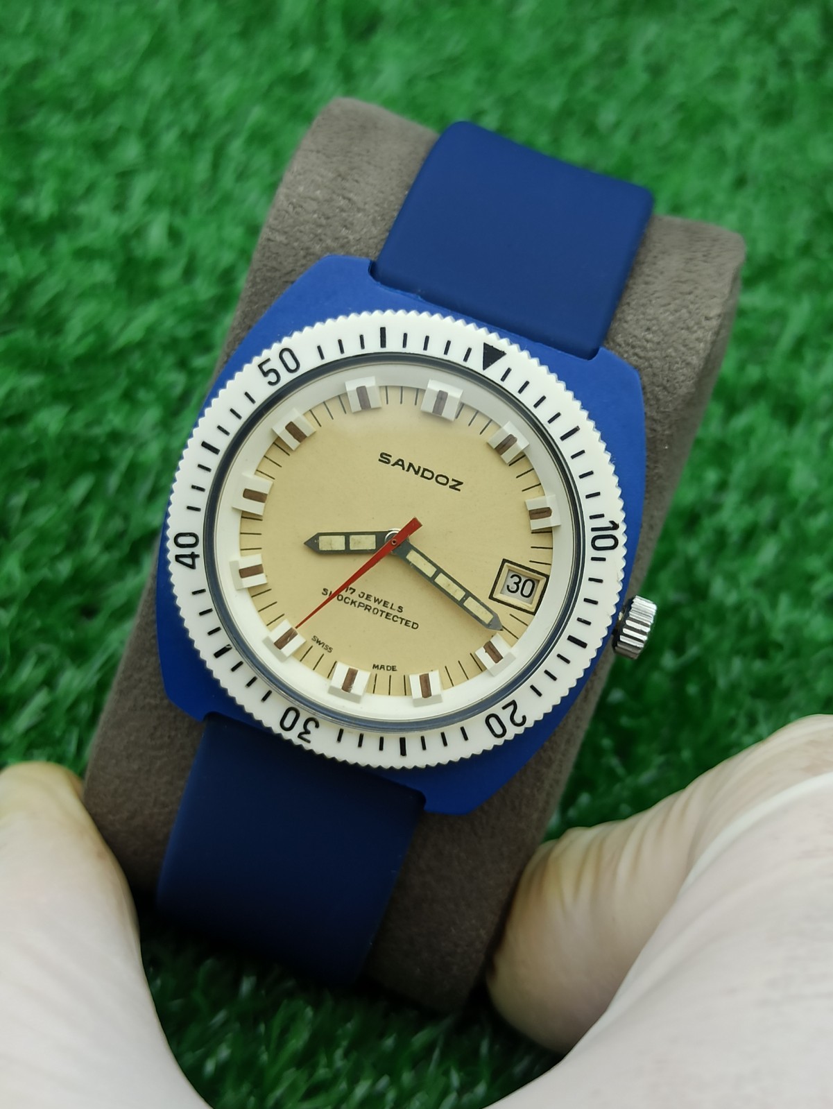 HYPER-RARE SANDOZ INCABLOC JUMBO DIVER BLUE WATCH MECHANICAL SWISS 1970s