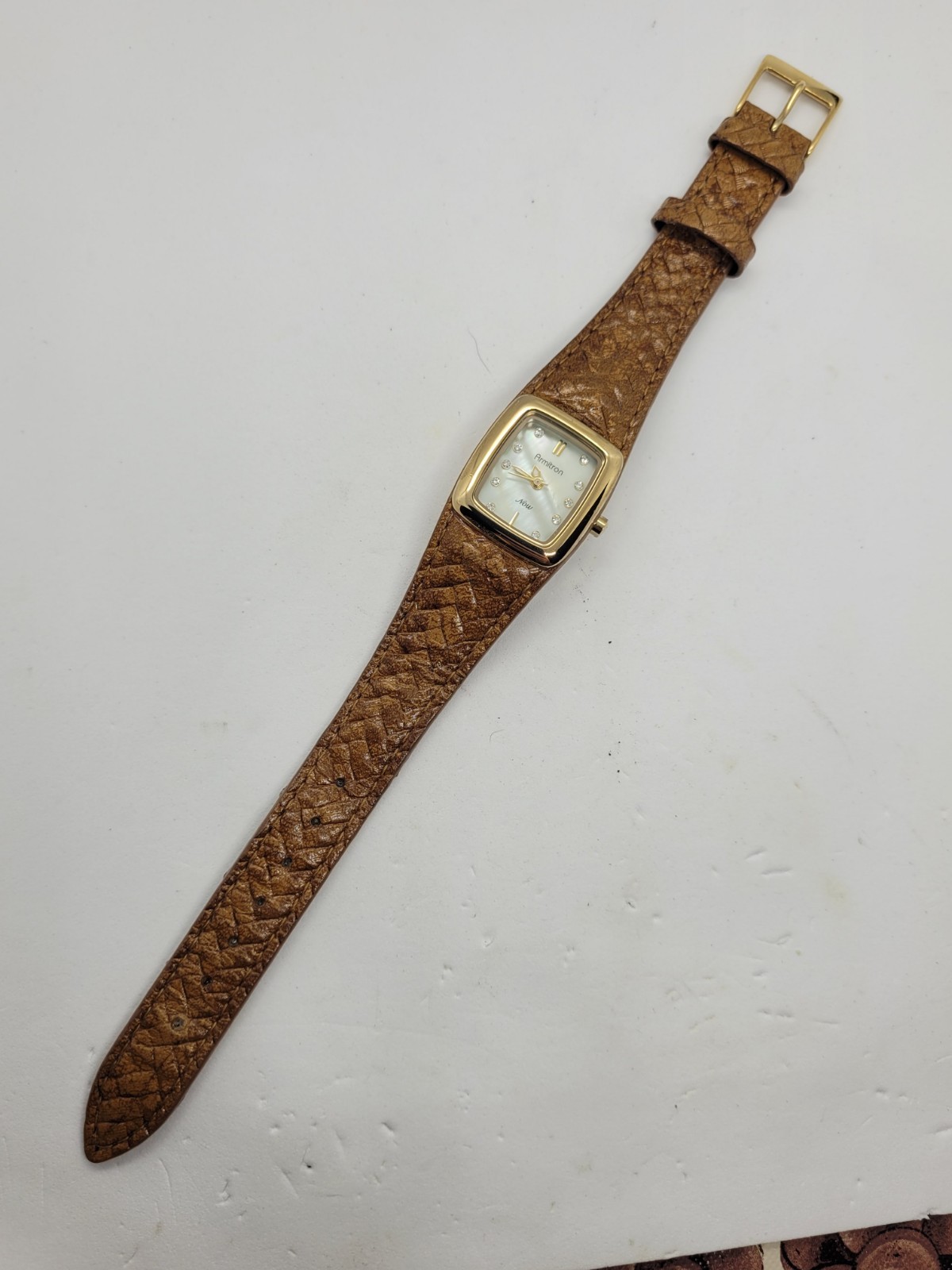 Armitron Now Mother Of Pearl Woven Leather Band Watch New Battery. (93)