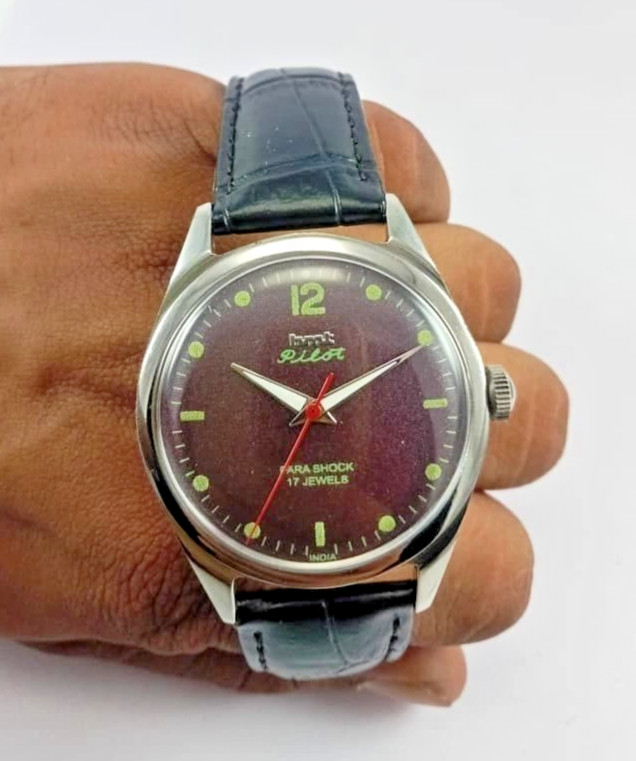 Rare HMT Pilot Purple Sunburst Dial 17 Jewels Mechanical Hand Winding Watch Ind