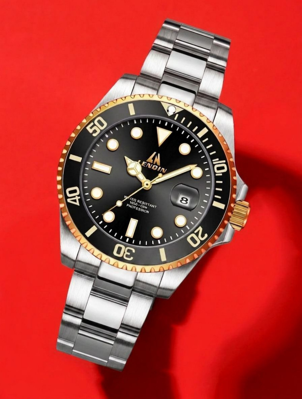 Men’s Waterproof Black Gold Dial Bezel Luminous Stainless Silver Bracelet Lenoin