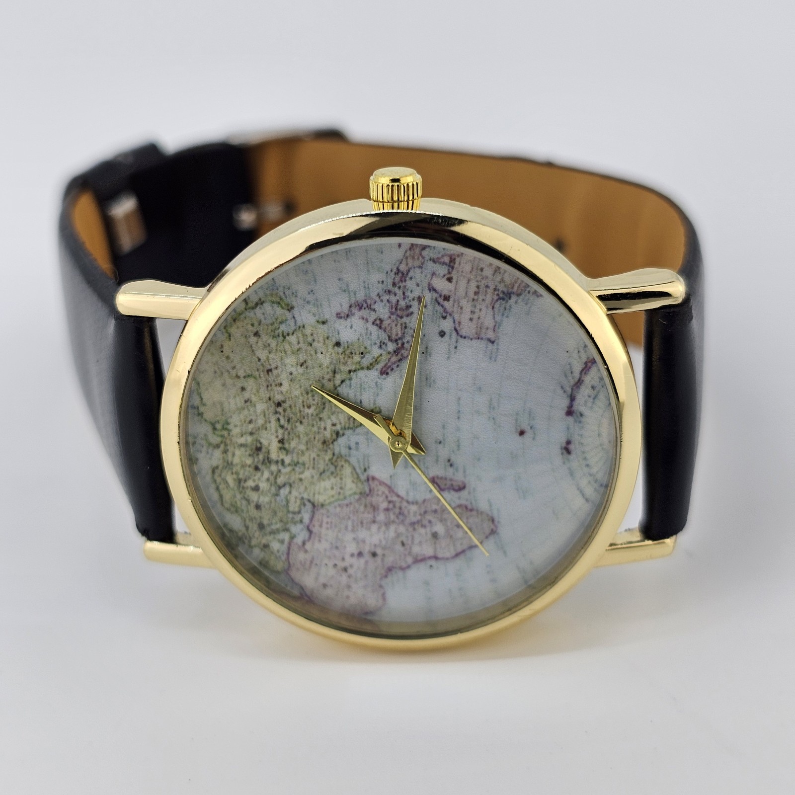 Unisex World Map Watch 38MM Multicolor Dial Black Faux Leather Bands New Battery
