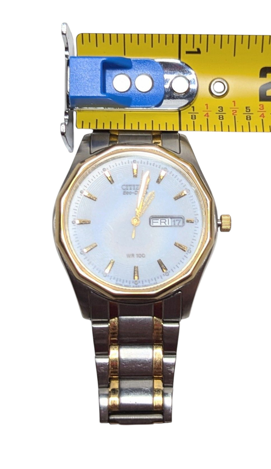 Citizen Eco-Drive E101-S053439 Two Tone WR 100M Day Date Watch Fresh Battery!