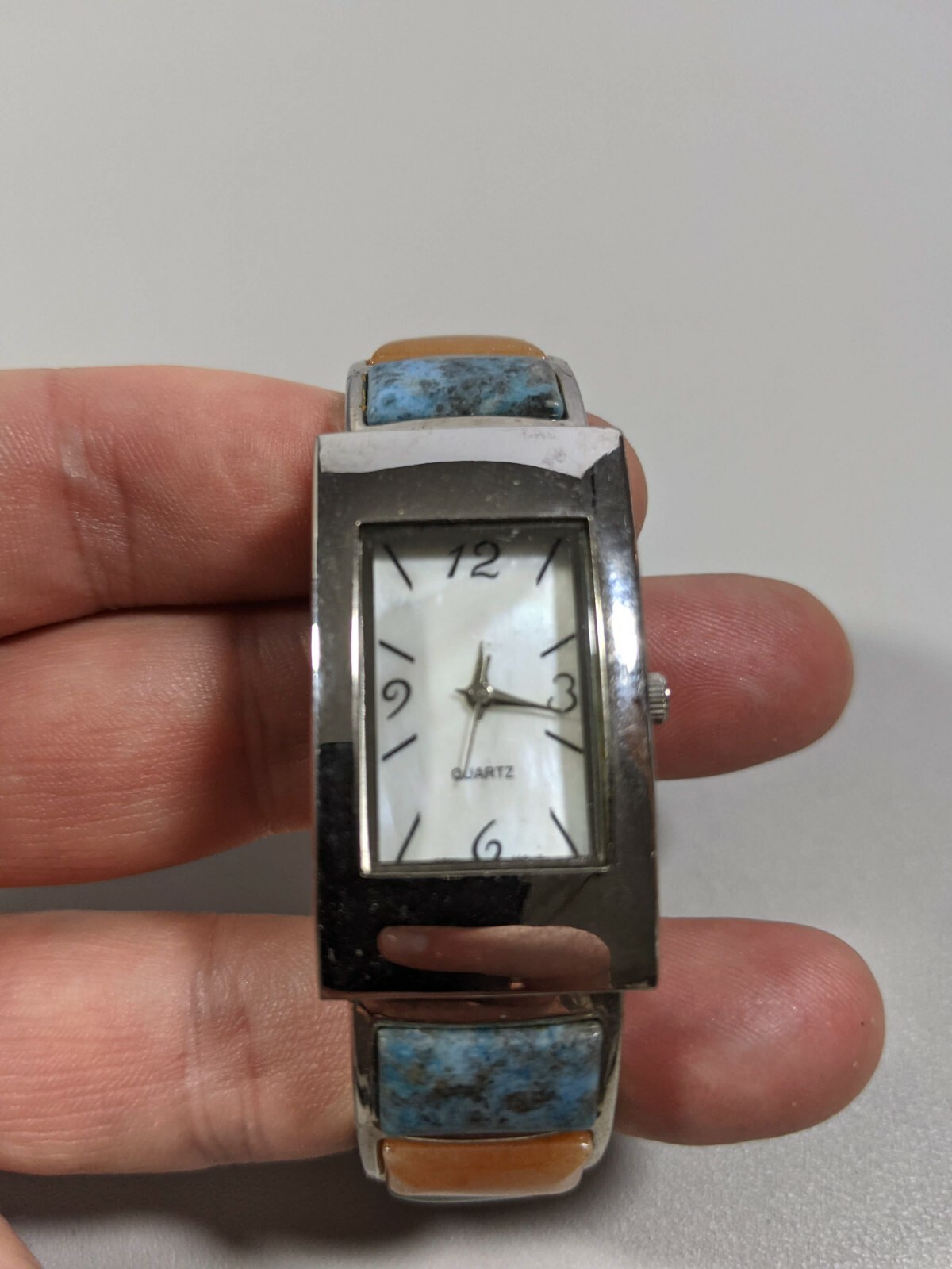 Silver Tone White Dial Natural Gemstone Blue Orange Green Red Open Cuff Watch