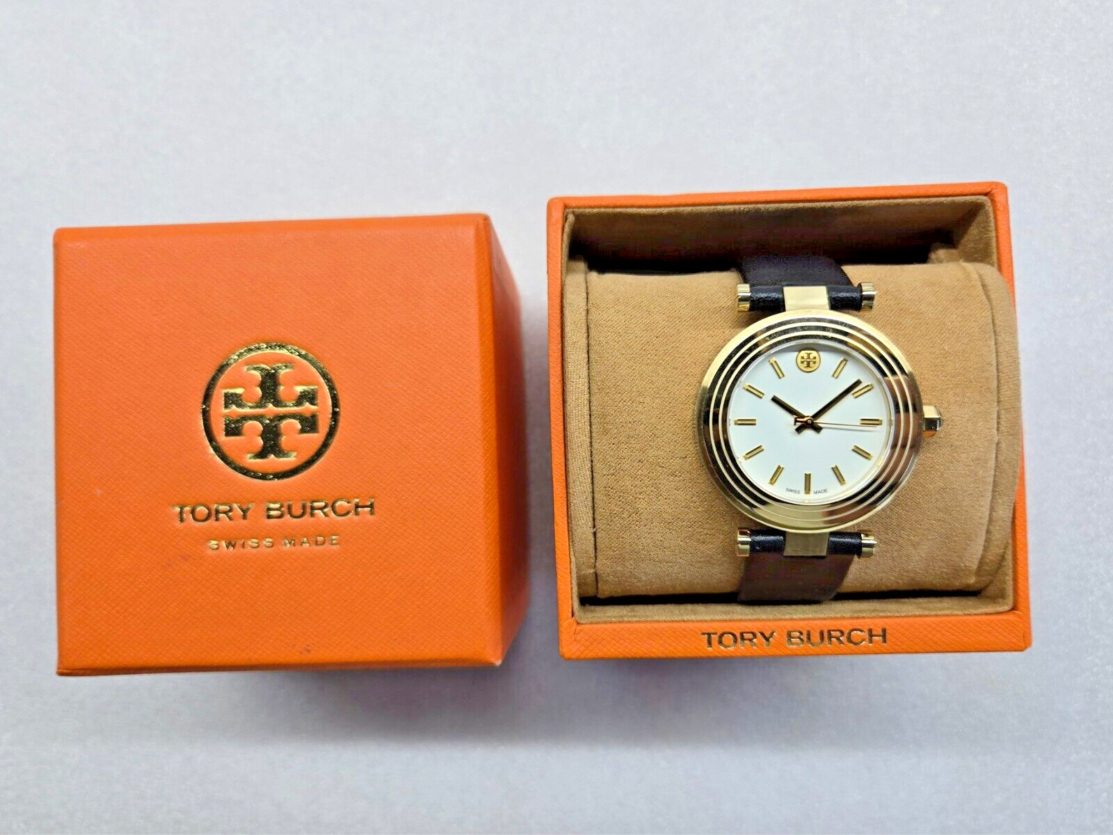 TORY BURCH CLASSIC T IVORY DIAL BLACK LEATHER STRAP WOMEN’S WATCH TB9003 NEW