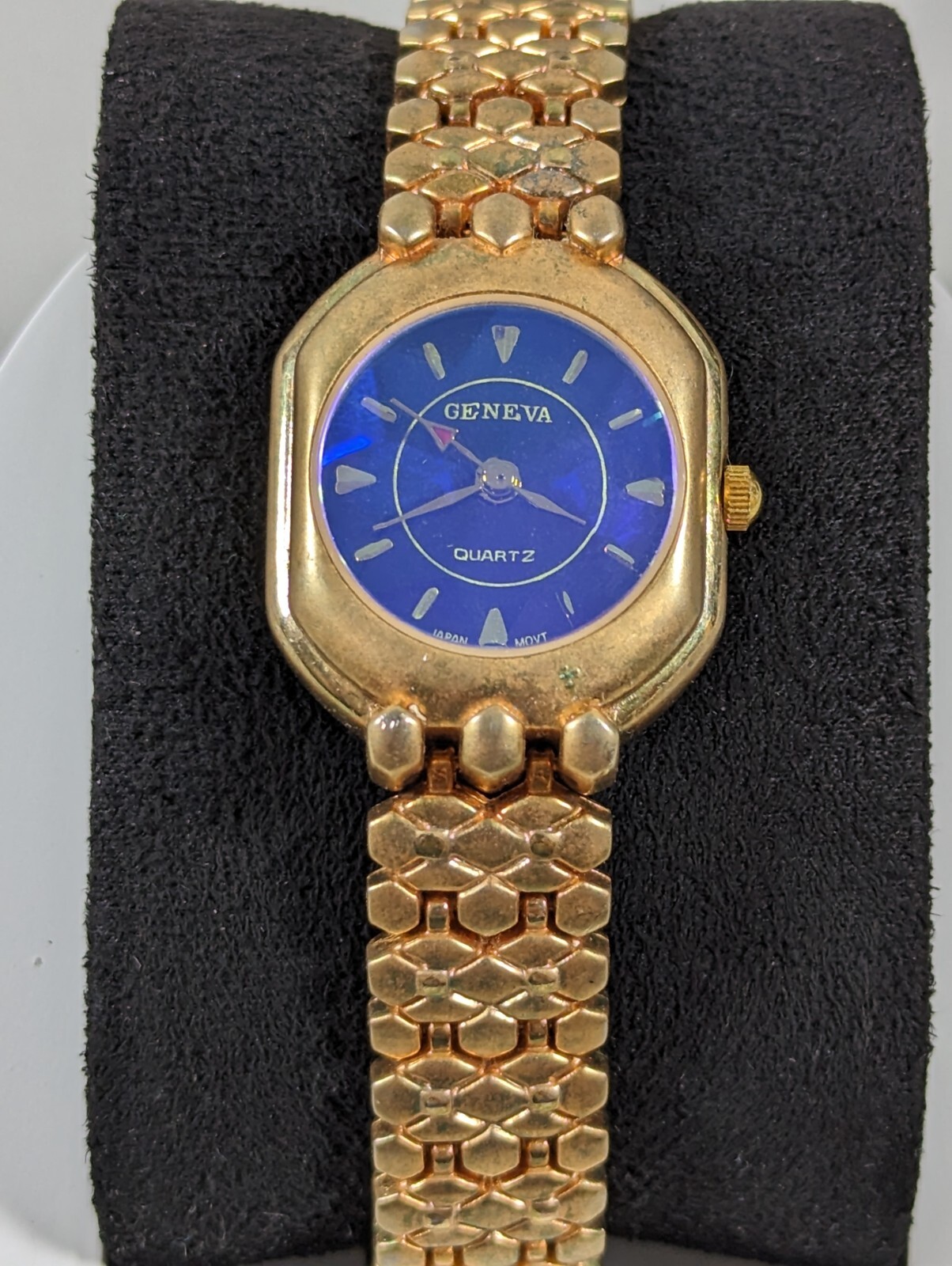 Geneva Blue Purple Dial Raised Prism Crystal Gold Tone Case Bracelet Band Watch