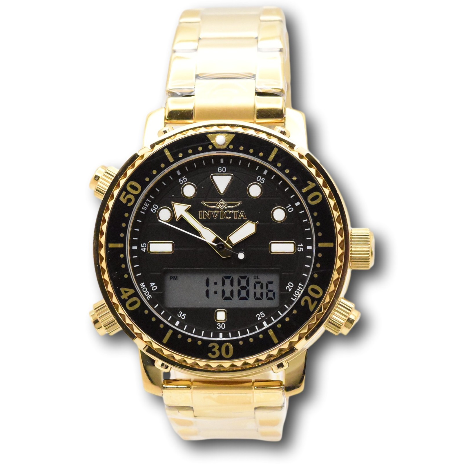 Invicta Pro Diver Men’s 46.5mm Gold Dual Time Digital Ana-Digi Watch 48372