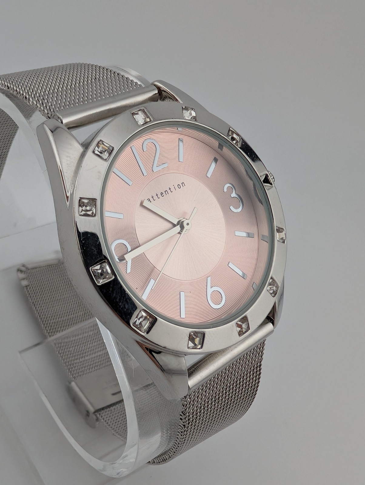 Attention Watch Women 35mm Case Silver Adjustable Mesh Metal Band- New Battery