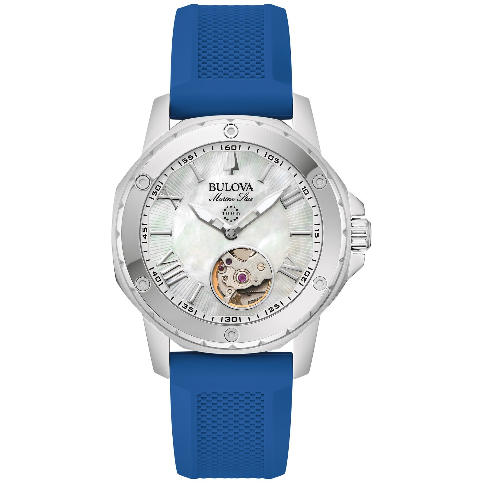 Bulova Women’s Marine Star Automatic Skeleton Blue Silicon Watch 35 MM 96L324