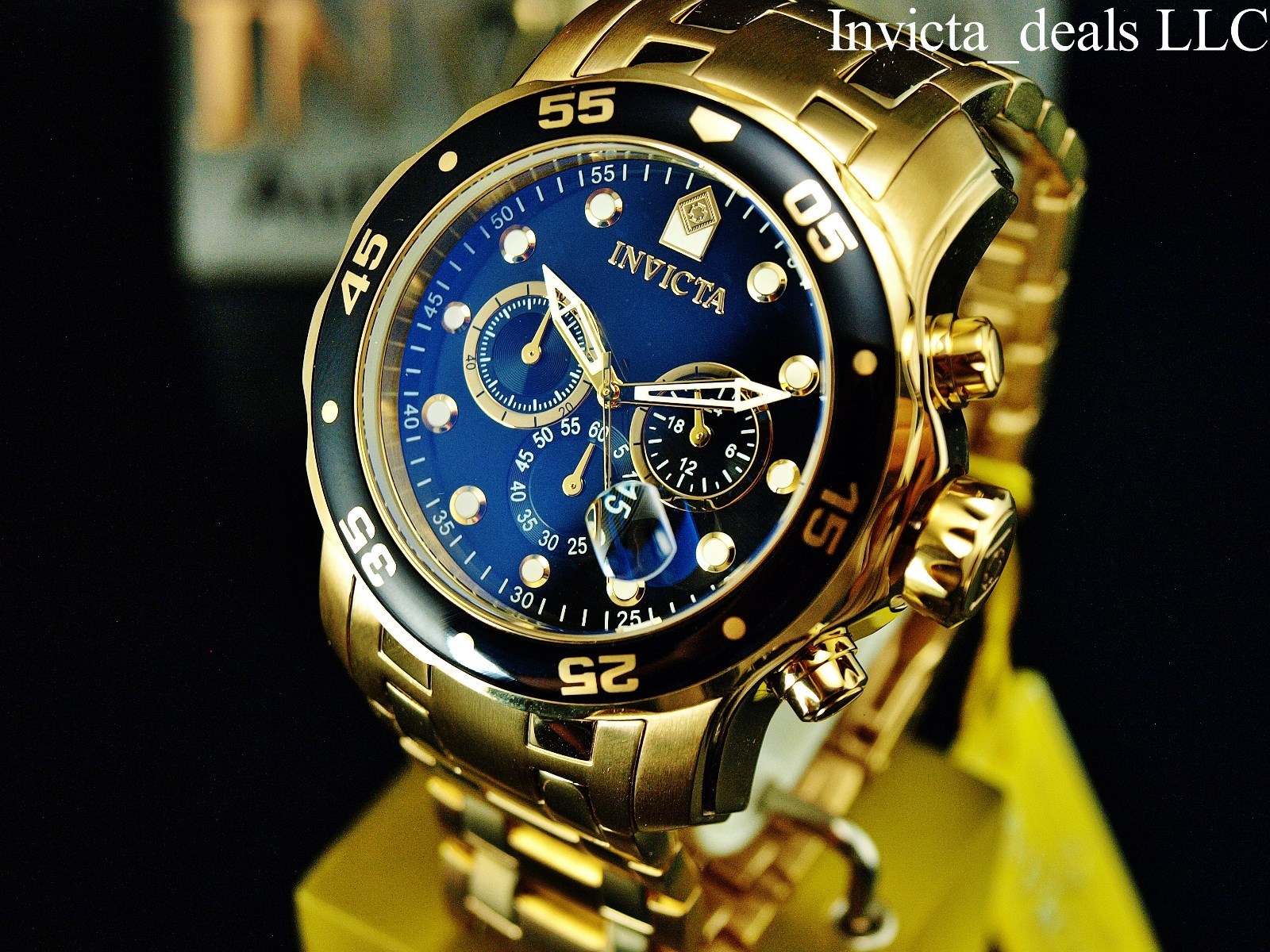 Invicta Men 48mm Pro Diver SCUBA Chronograph Black Dial 18k Gold Plated SS Watch