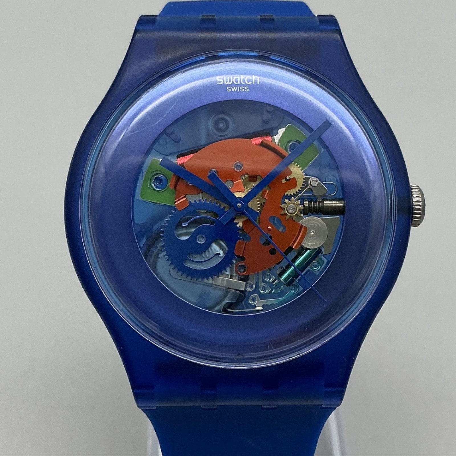 Swatch Lacquered Mens Watch 40mm Blue Skeleton Dial Blue Silicone New Battery