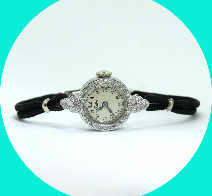 Platinum antique Croton VS diamond ladies watch black cord .20CT 16.5 MM 5.9 GM