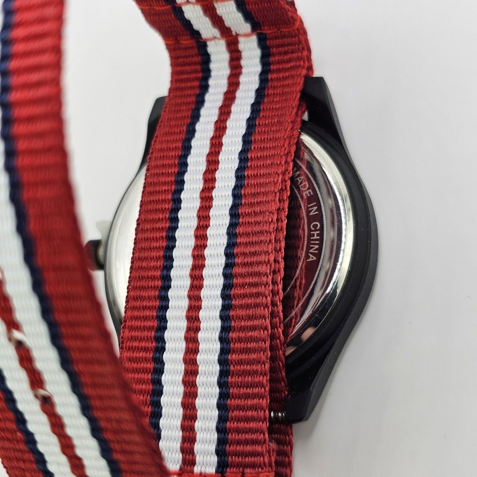 Men’s Military Watch 42MM Large Case Black Dial Red Blue White Canvas Band Strap