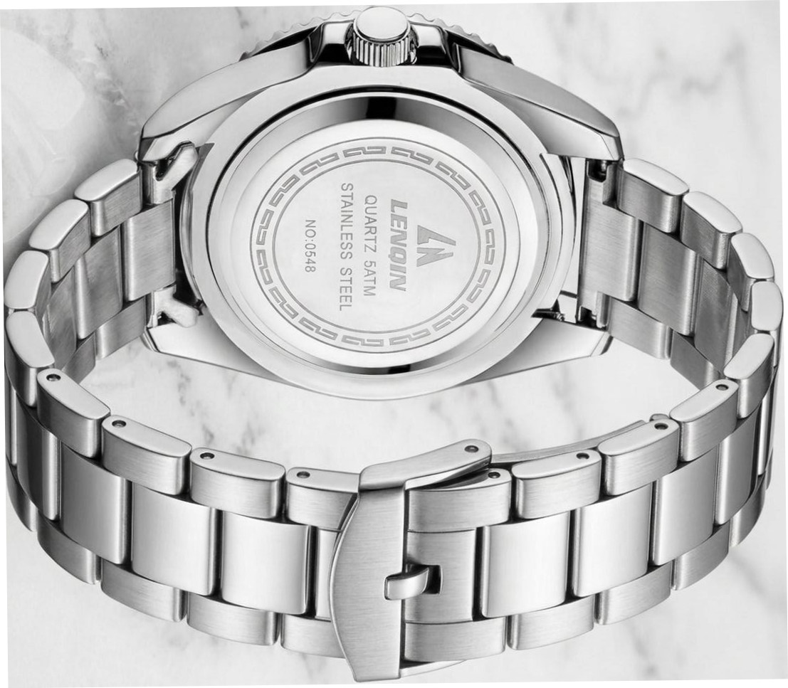 Men’s Waterproof Black Gold Dial Bezel Luminous Stainless Silver Bracelet Lenoin