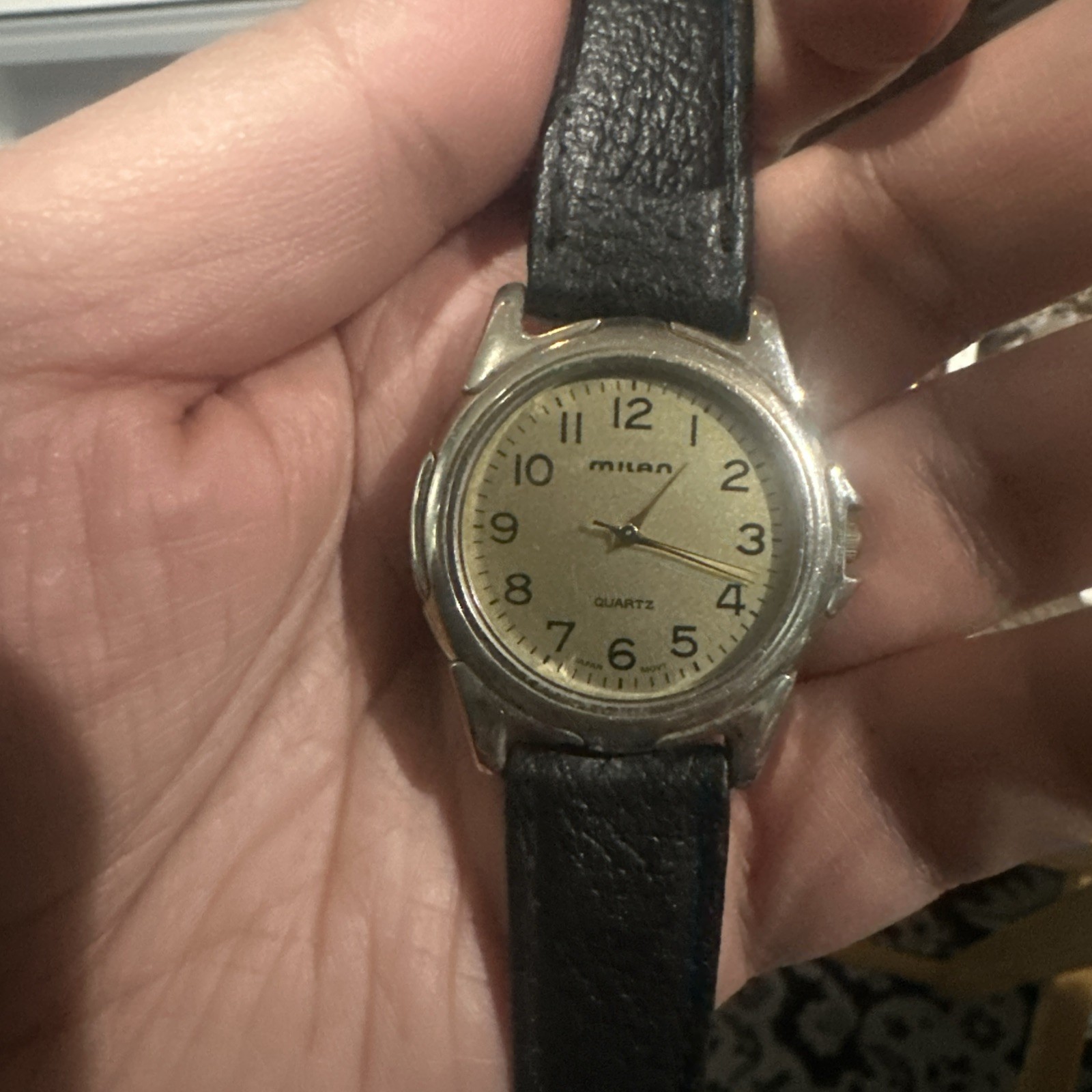 Working Vintage Milan Mens Watch Black Leather Brand New Battery 35mm Fit 8.5in”