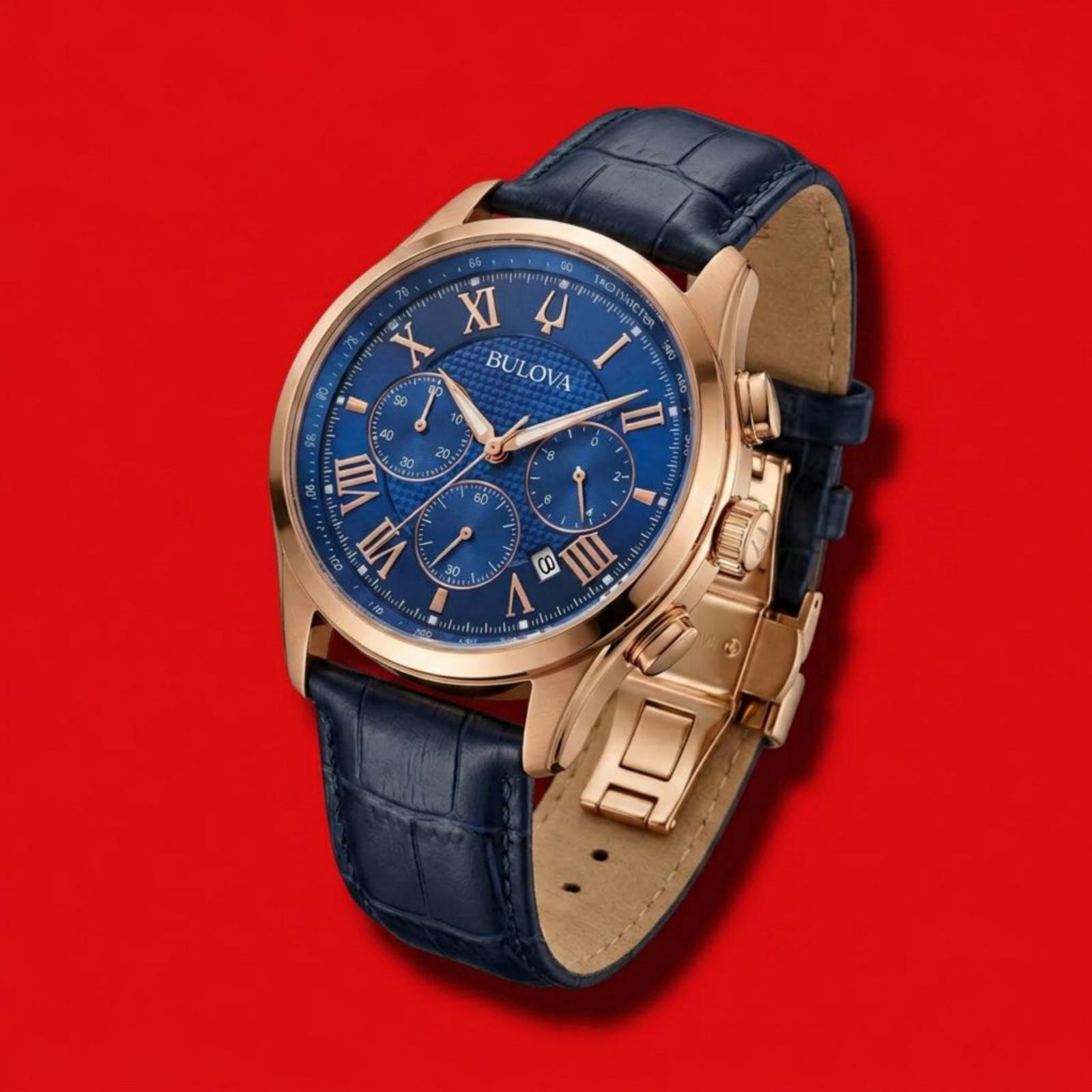Men’s Bulova 97B170 Wilton Blue Dial Leather Chronograph Quartz New Watch 46.5mm