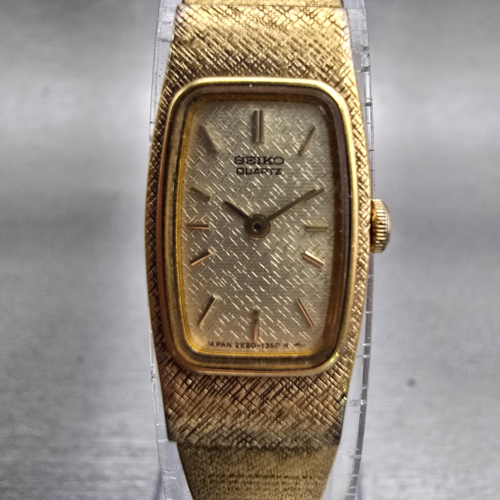 Seiko Watch Women 13mm Gold Dial Gold Tone Rectangle 2E20-6130 New Battery VTG