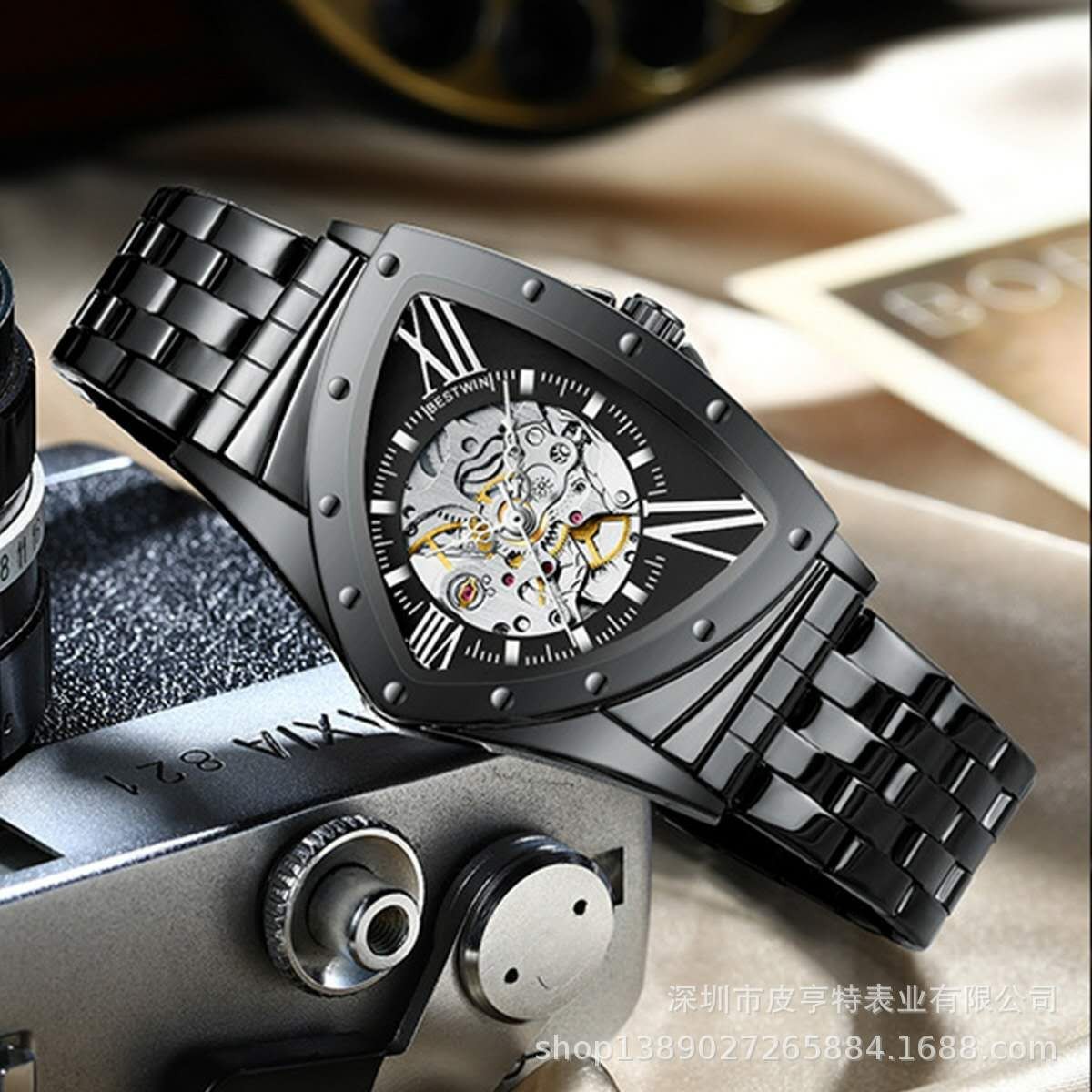 Men’s Triangular Skeleton Watch — Fully Automatic Mechanical, Water-Resi