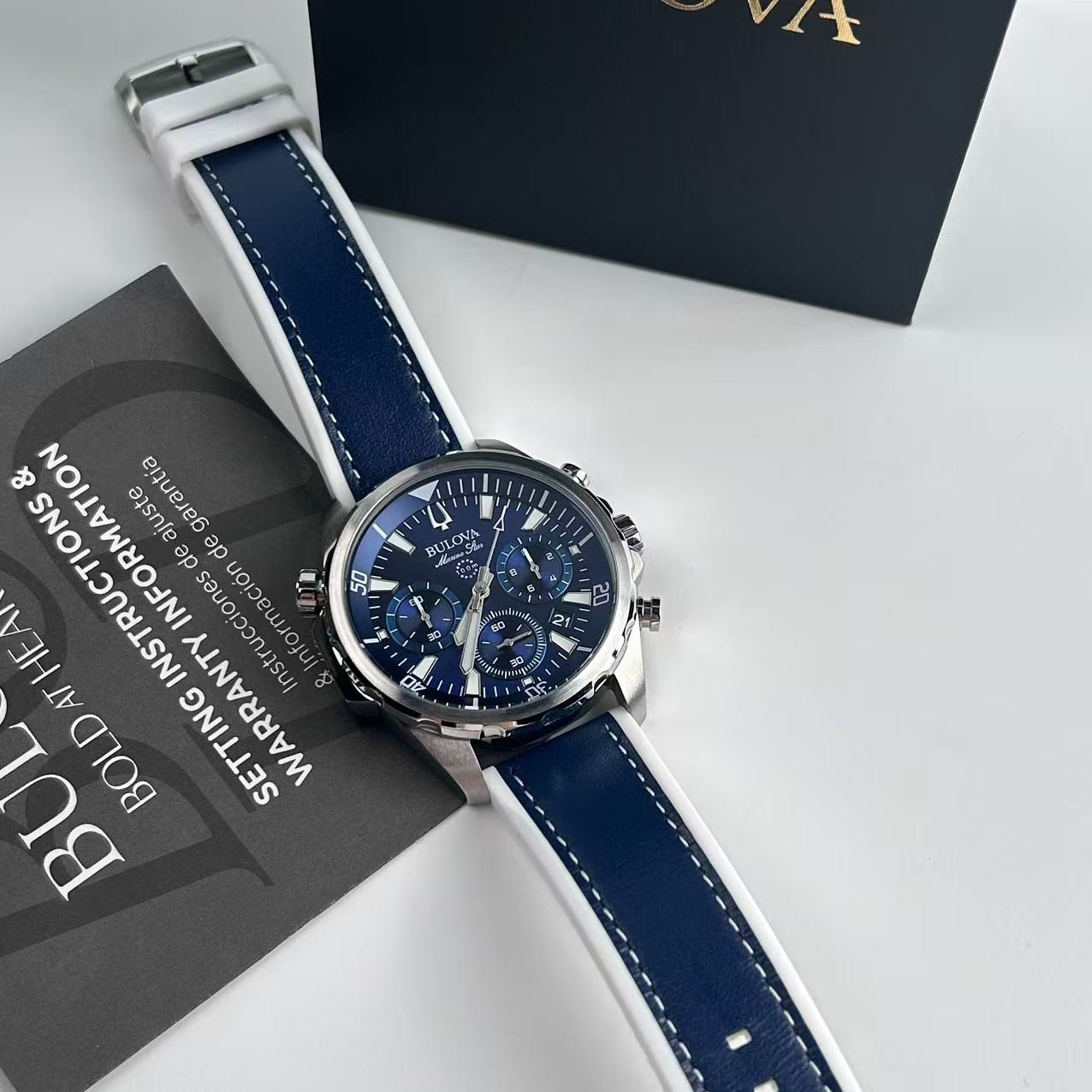 New Bulova Marine Star 96B287 Blue Dial Men’s Chronograph Quartz Watch 43 mm