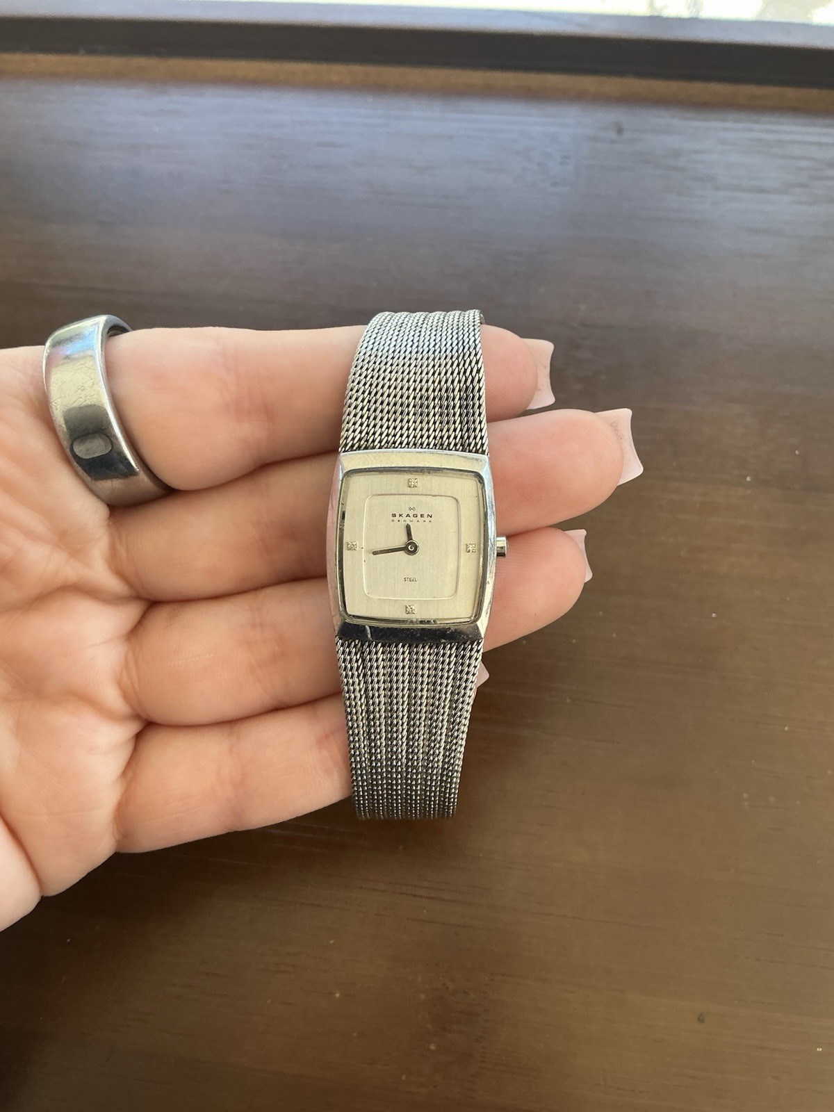 Skagen Quartz Rectangle Wristwatch Silver Mesh Band Silver Dial Dress Formal