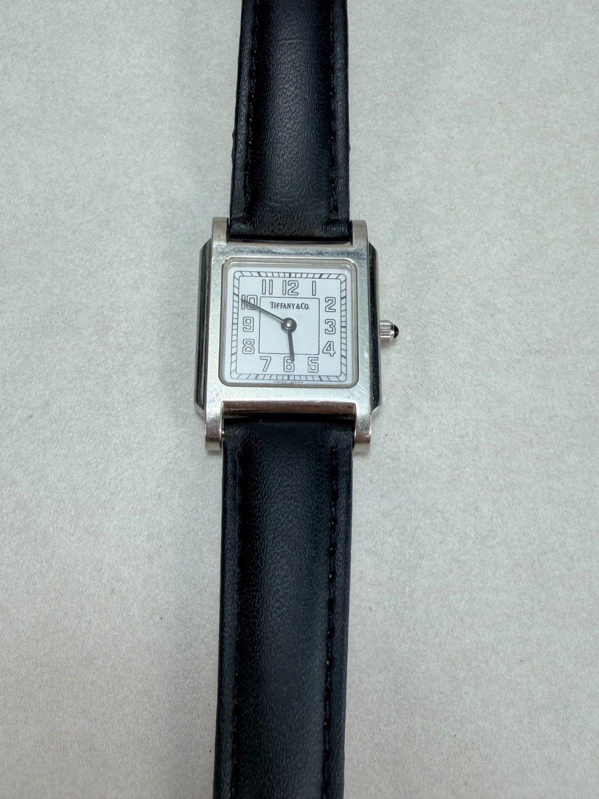 Tiffany & Co Swiss Made Tank Watch Stainless Steel Quartz Leather Strap Working