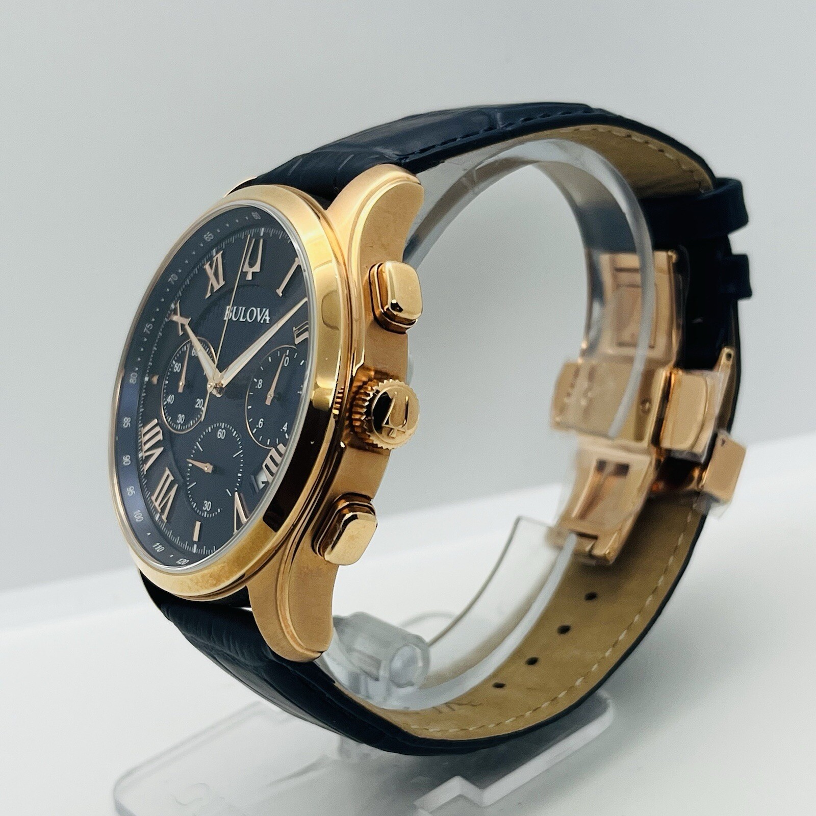 Bulova Wilton Men’s Chronograph Rose Gold Steel 47mm Leather Watch 97B170