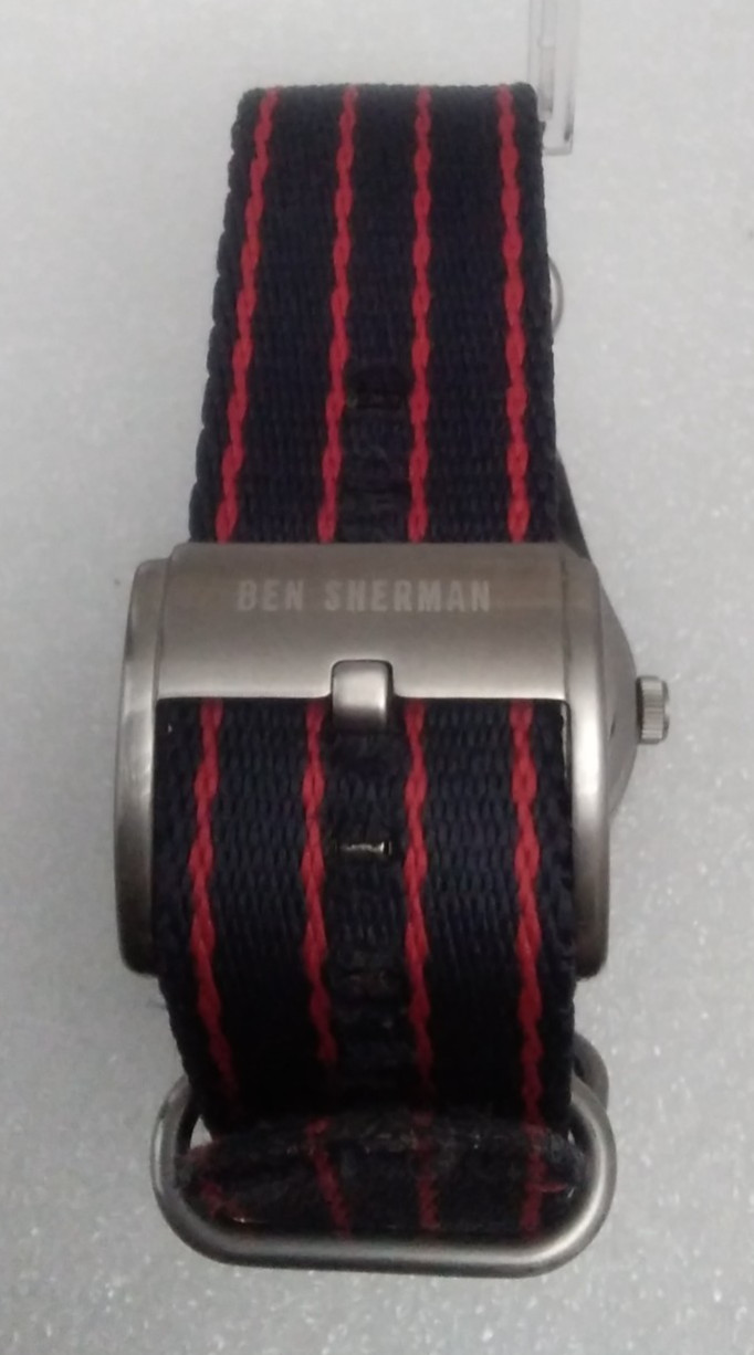 RARE Ben Sherman Men Watch WB010U Pinstripe Canvas & Leather Military Cuff Strap