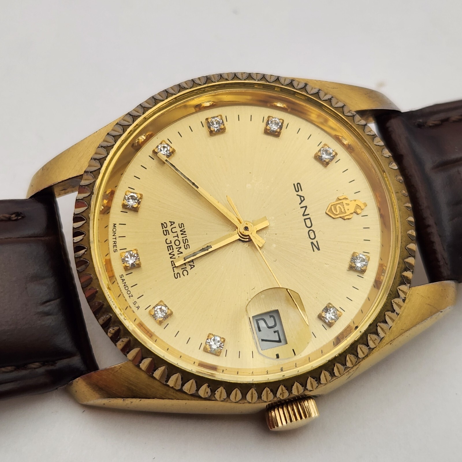 Vintage Sandoz men’s automatic watch 25Jewels diamond hour markers ETA 2824