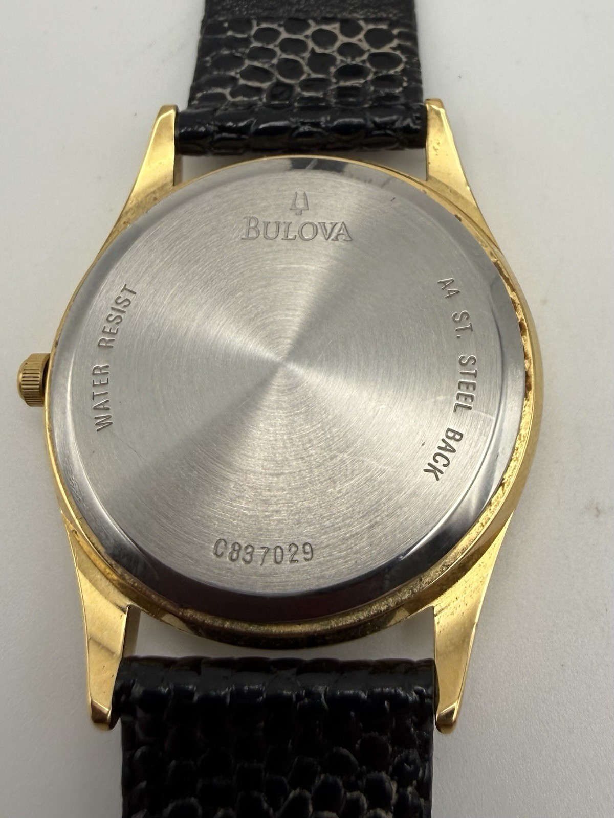 Bulova Caravelle Quartz Vintage Gold Tone Round Dress Watch Black Leather Strap