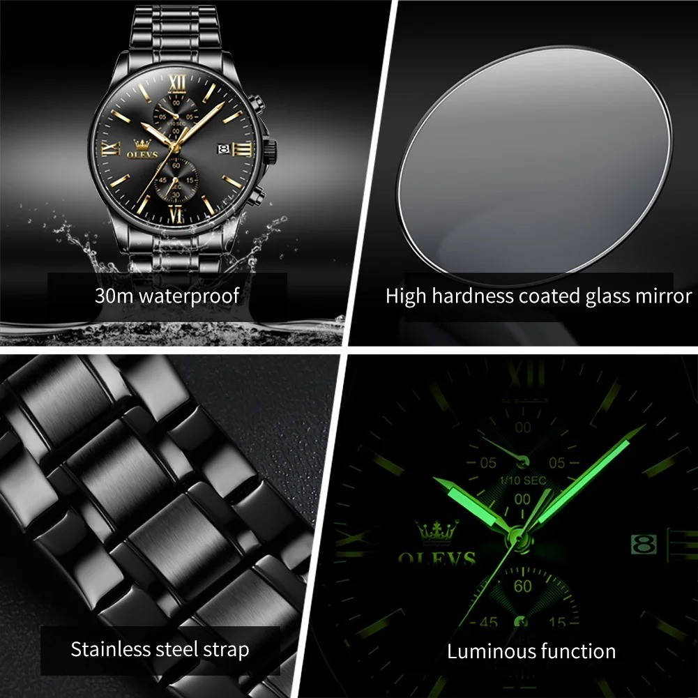 OLEVS 2886 Classic Black Quartz Watch for Men Elegant Chronograph Auto Date Cloc