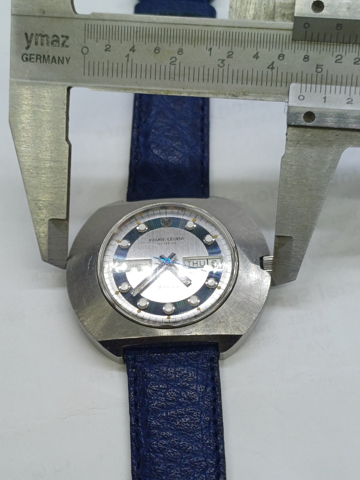 RARE FAVRE LEUBA 36000 HIGH BEAT UFO DUOMATIC MENS BLUE AUTOMATIC WATCH 45MM 21J