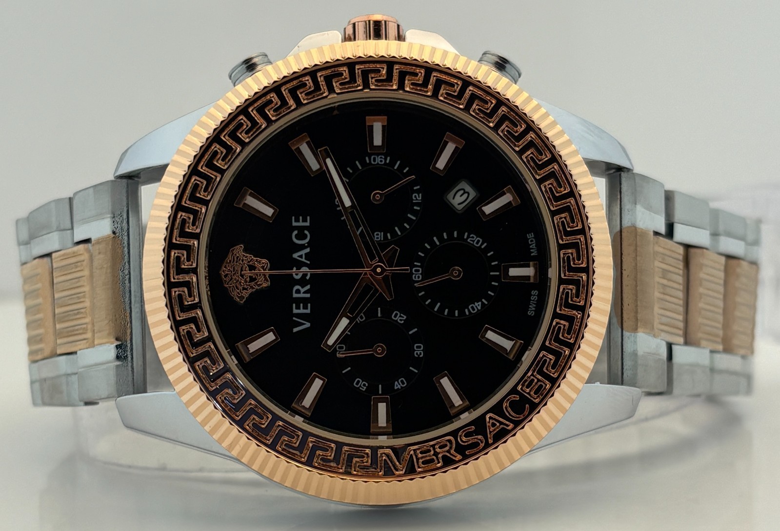 Refurbished Versace Greca Action Chrono Quartz Black Dial Two-Tone Wristwatch