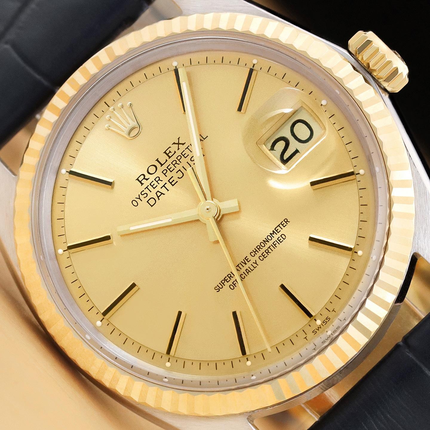 ROLEX MENS DATEJUST 1601 CHAMPAGNE DIAL14K GOLD STEEL BLUE LEATHER BAND WATCH