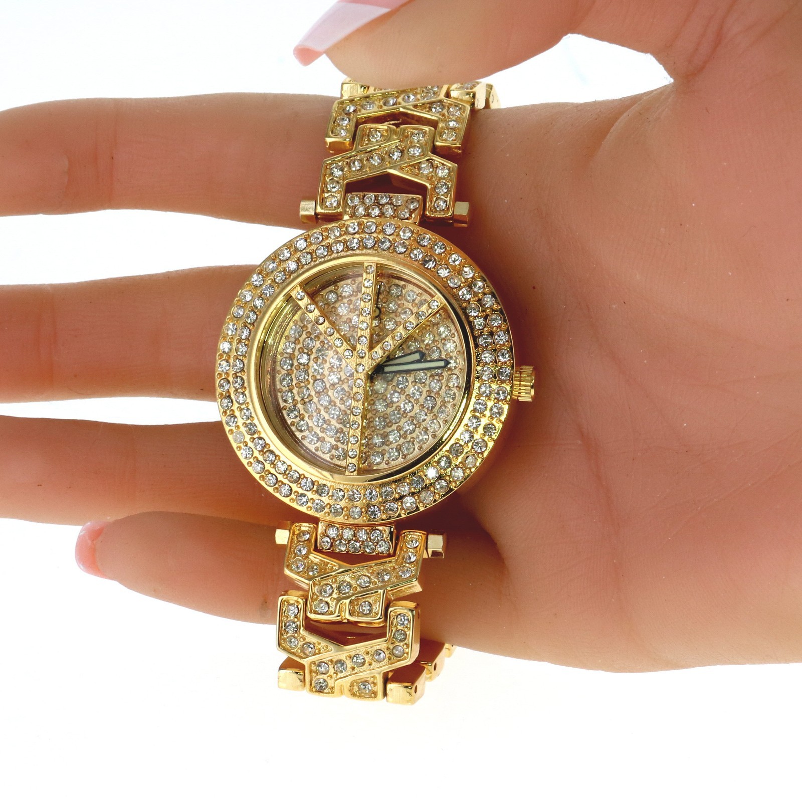 Ladies Gold Tone Fully Ice CZ Clubbing PEACE SIGN Watch 38.5mm