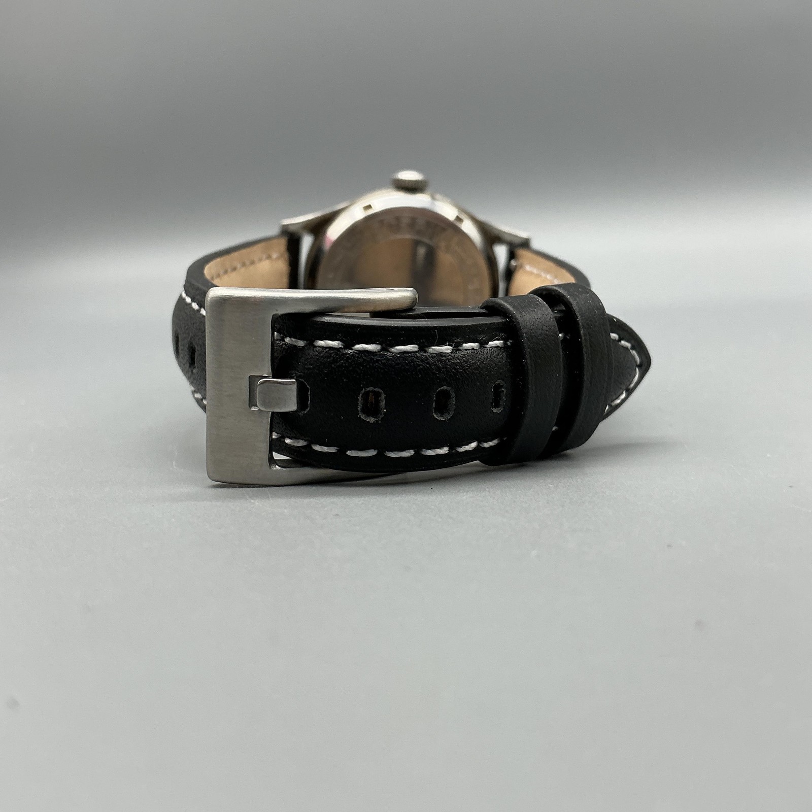 Vintage Eterna Mens Watch 30mm Patina Dial Stainless Black Leather Manual Wind
