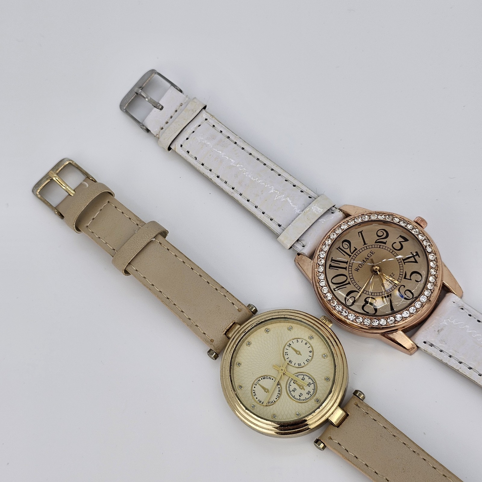 2X Women’s Watch 36-37MM Cream Brown Dial Brown White Leather Bands New Battery