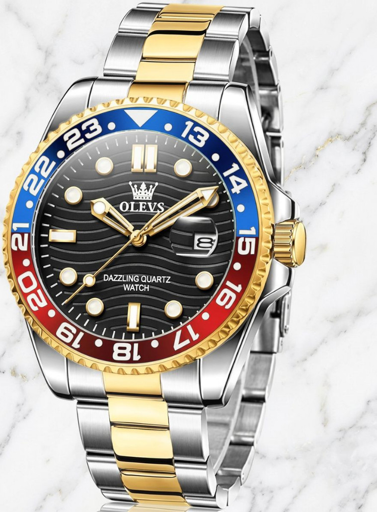 Men’s Waterproof Diver Quartz Silver Bracelet Watch Black Dial Pepsi Bezel Olevs