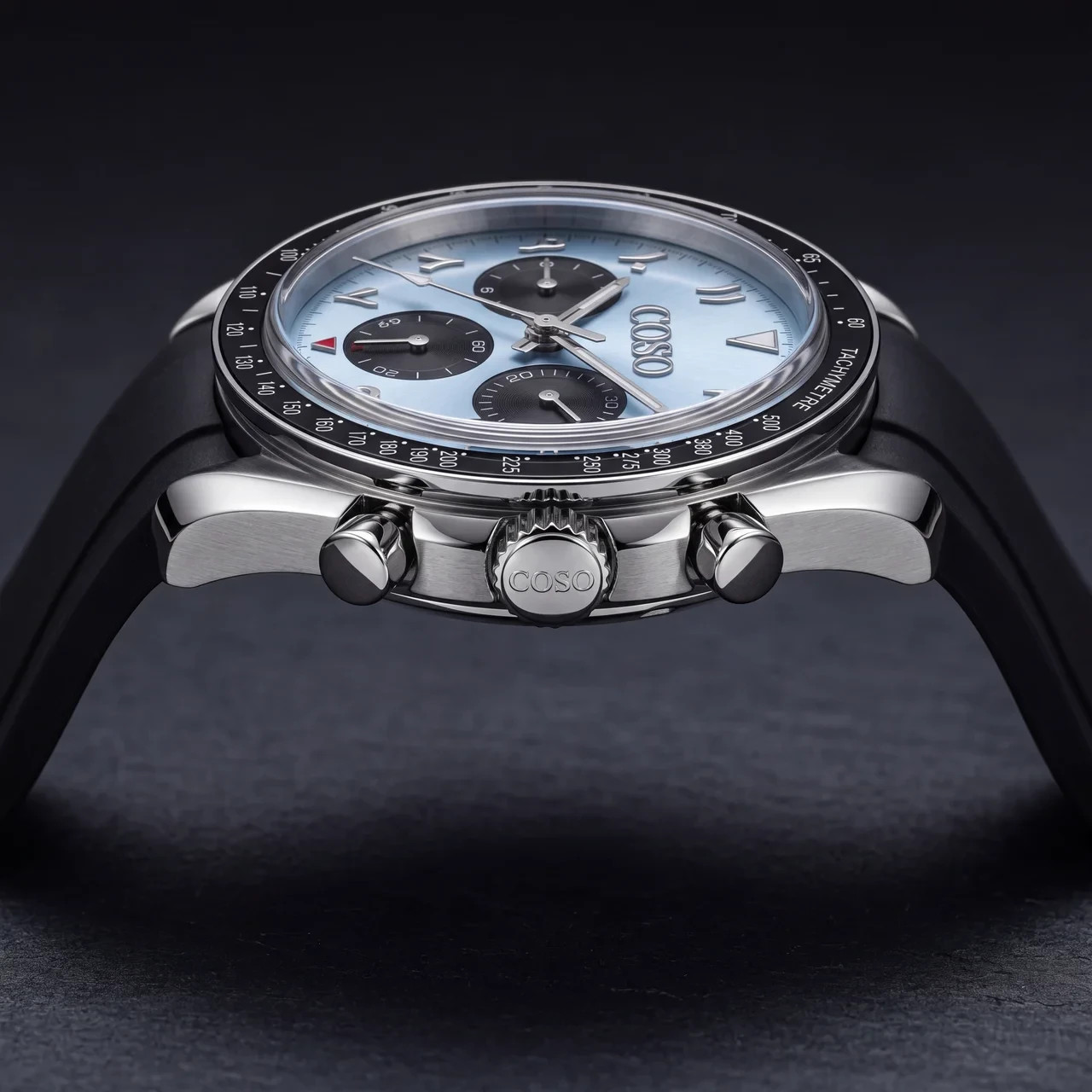 COSO Torvex Chronograph Watch Ice Blue Dial Eastern Arabic Black Rubber Strap