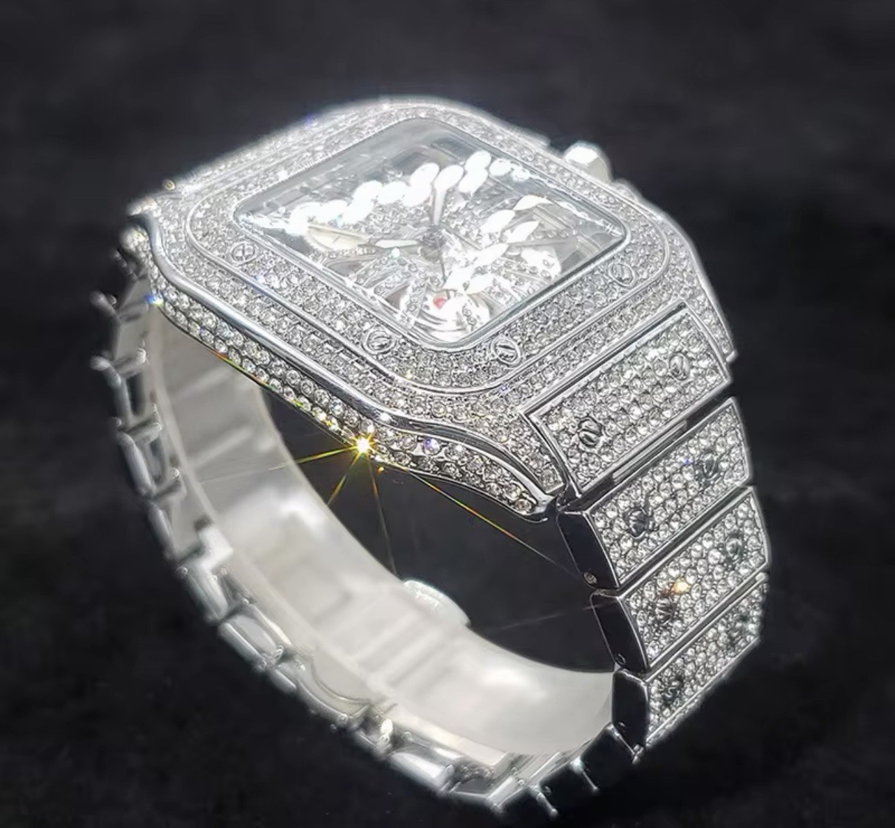 Skeleton Red Dial Iced Out Diamond Designer Watch, Hip Hop Watch, Fashion