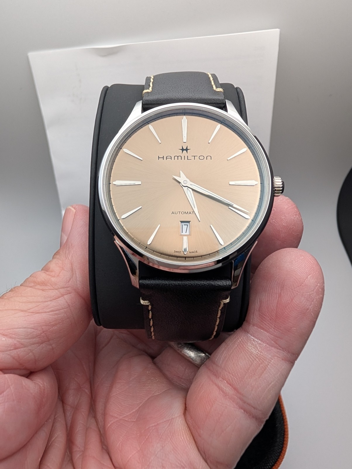 Hamilton Jazzmaster Beige Swiss Automatic Watch w/ Black Leather Strap – H385250