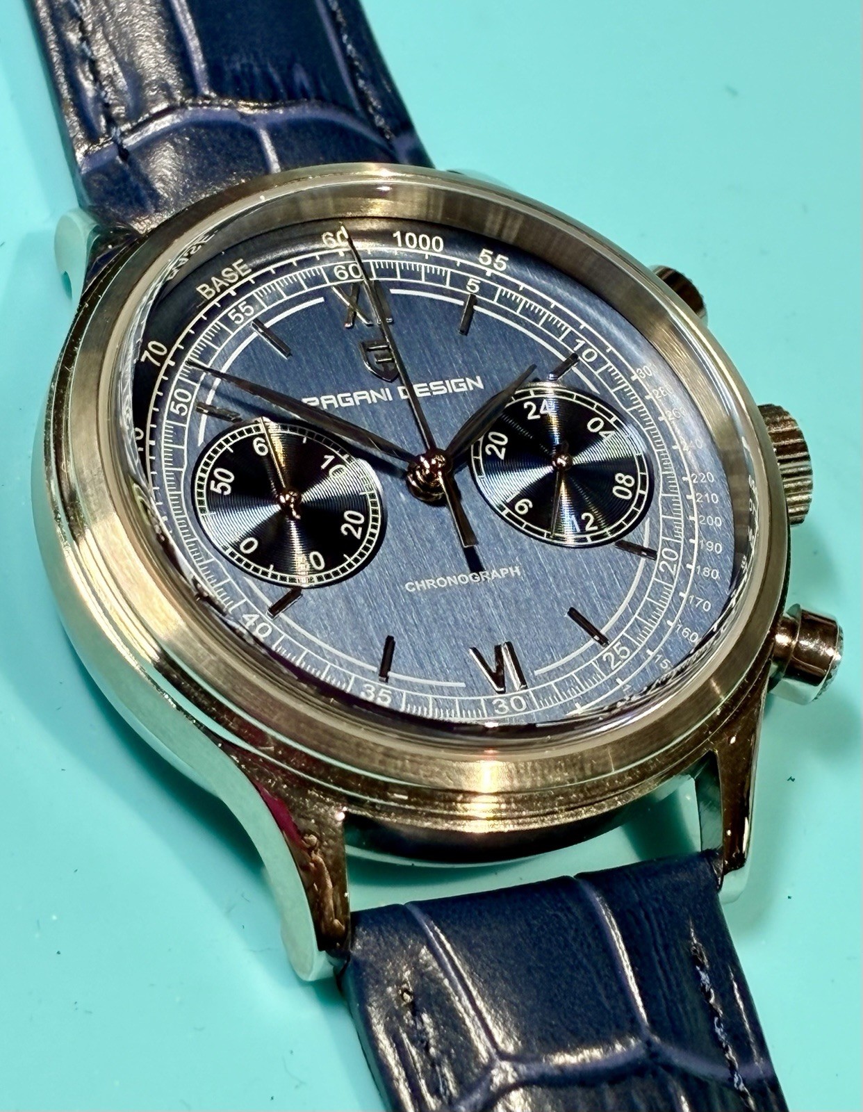 PAGANI DESIGN 40MM CHRONO VINTAGE STYLE BLUE BICOMPAX DIAL SEIKO VK64 QUARTZ