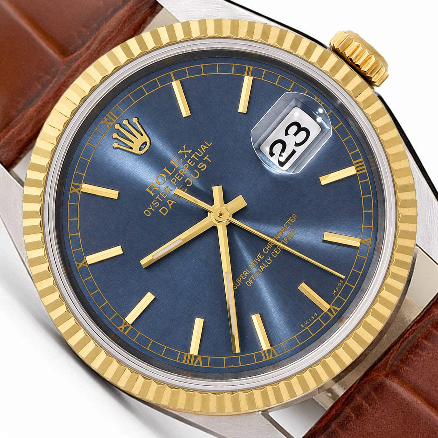 36mm Rolex Datejust 16233 18K Gold Fluted Bezel Steel Blue Dial Men’s Watch