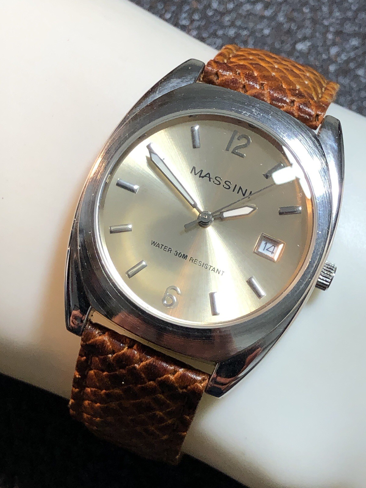Massini Watch Silver Tone Brown Leather Band Japan Quartz,Date,35mm New Battery