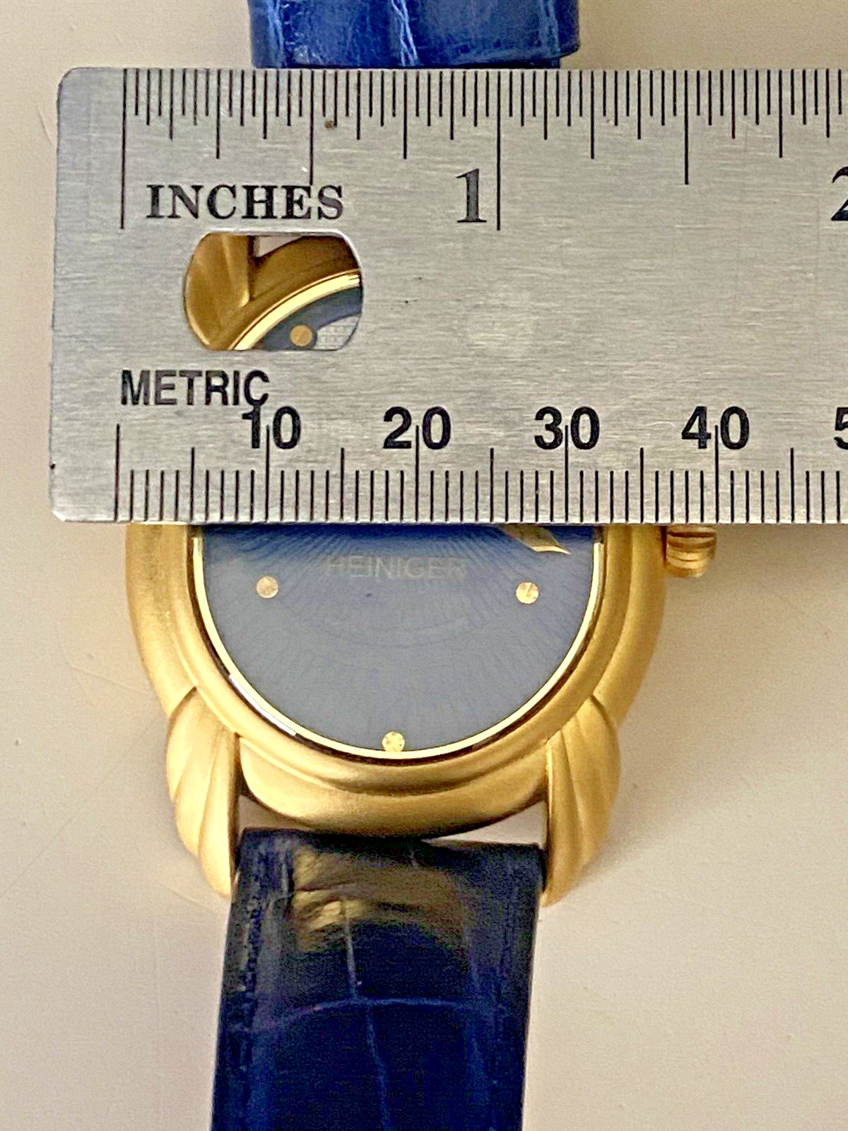 Heiniger Mechanical Watch Swiss Lever Escapement Brass Housing Blue Leather band