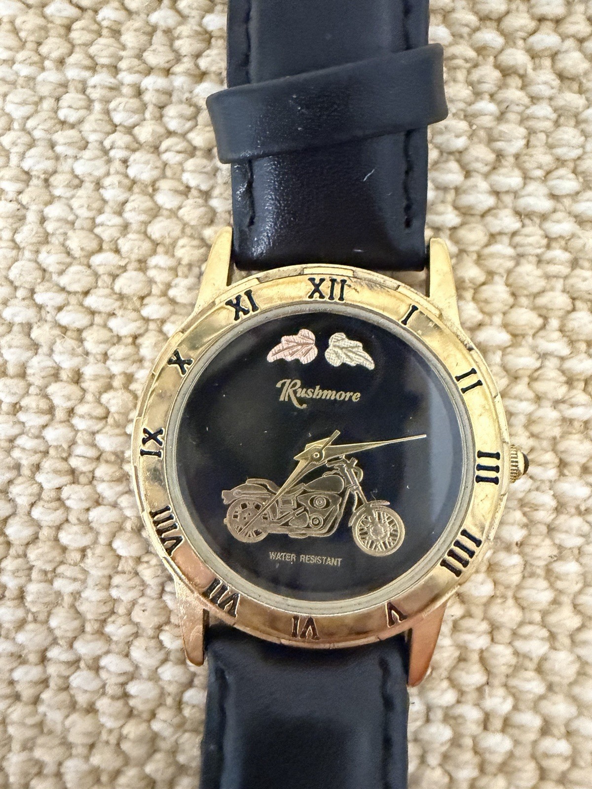 Rushmore Quartz Water Resistant Analog Motorcycle Watch Black Dial Gold Case