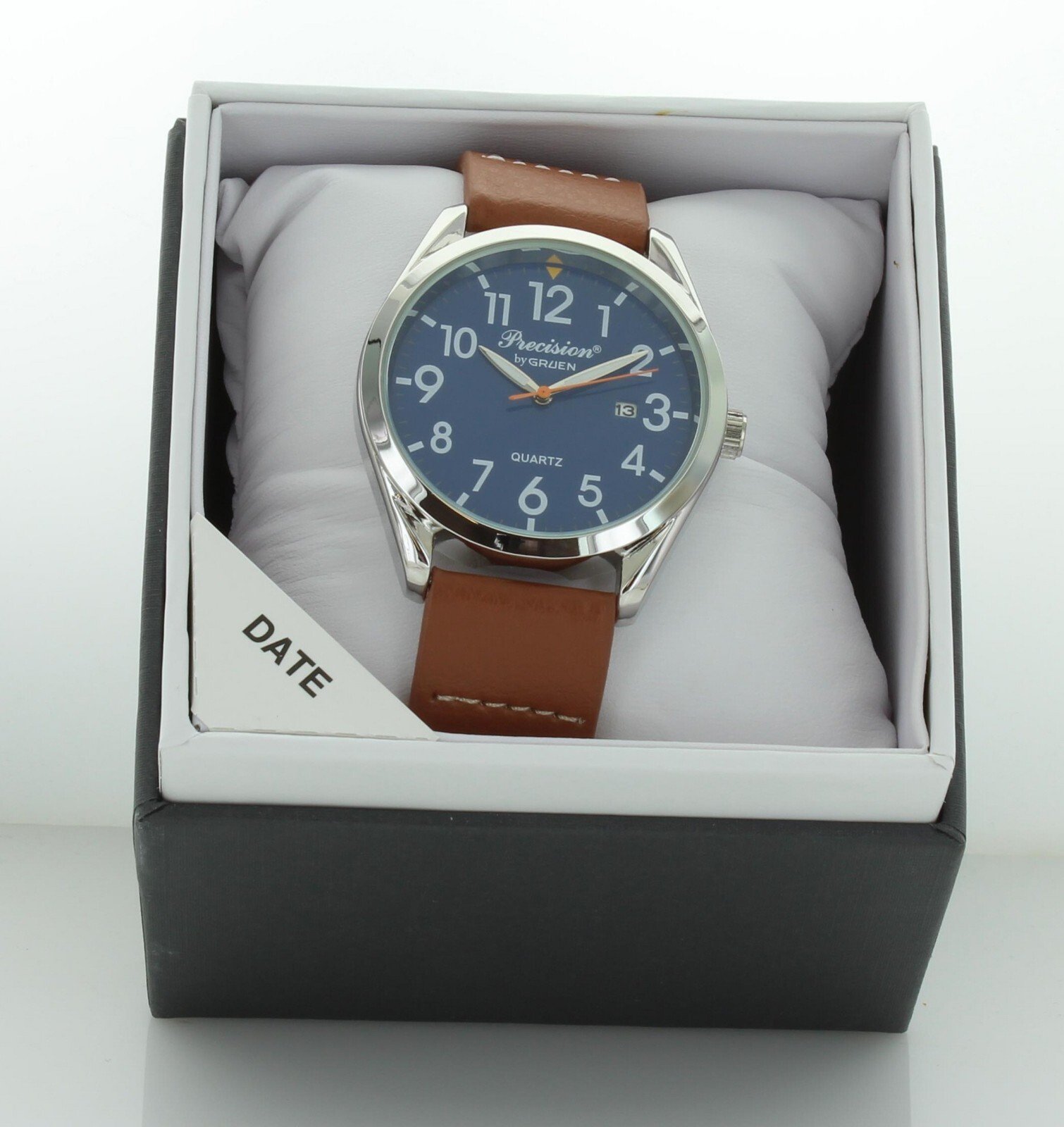 New Old Stock Gruen Precision Men’s Quartz Watch With date brown leather band