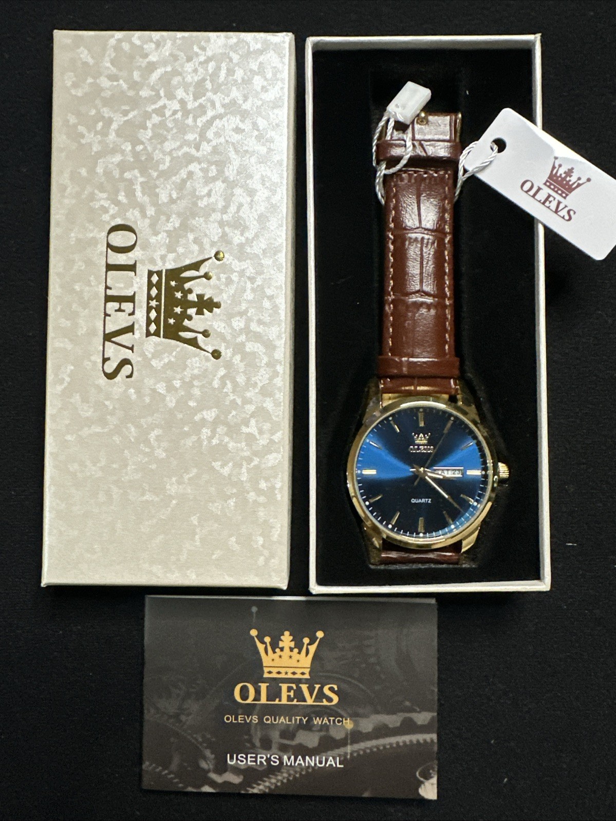 OLEVS Mens Watch Blue Face, Brown Leather Band, Day Date