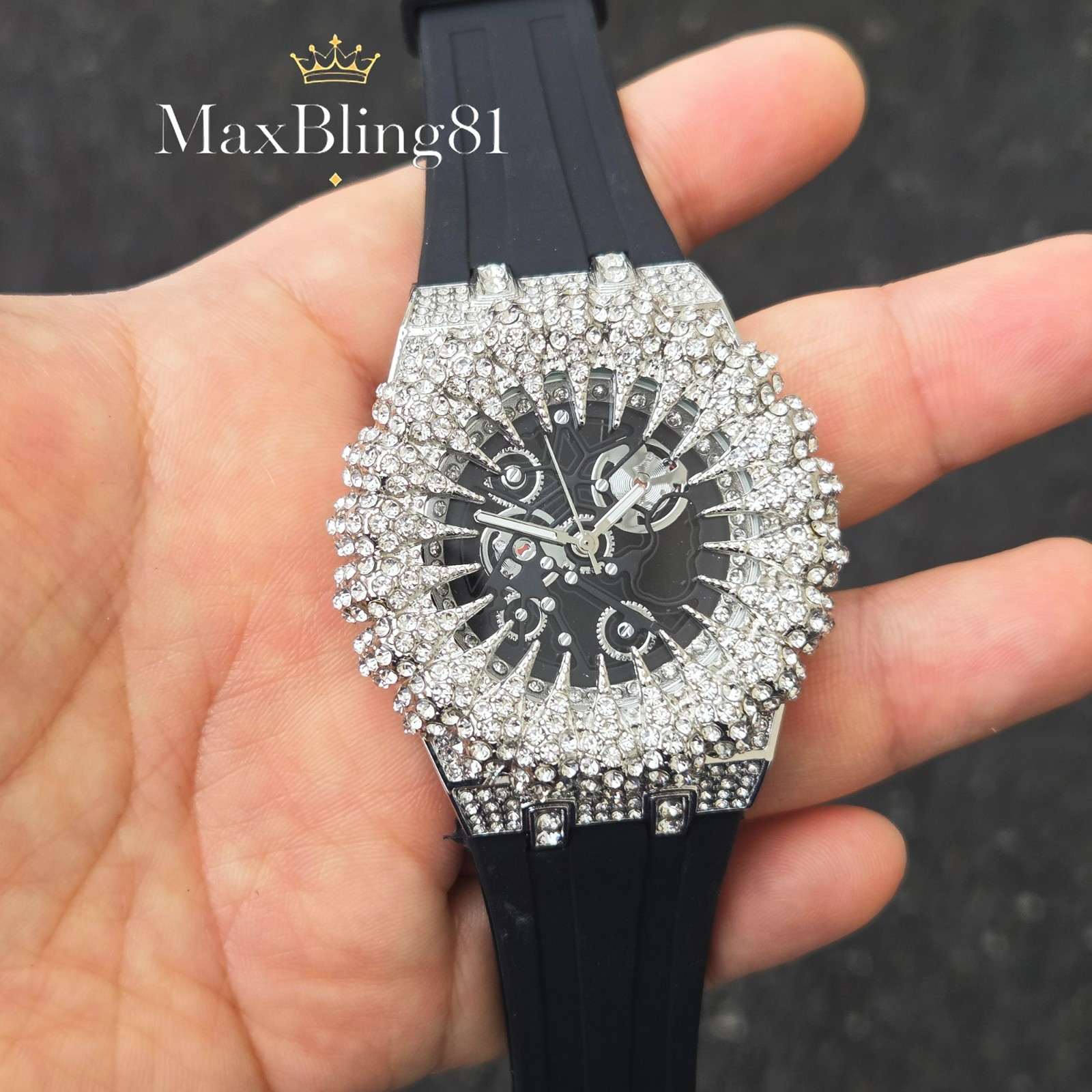 Men’s Watch Monster Teeth Design Silicone Band Unique Iced Out CZ Silicone Band