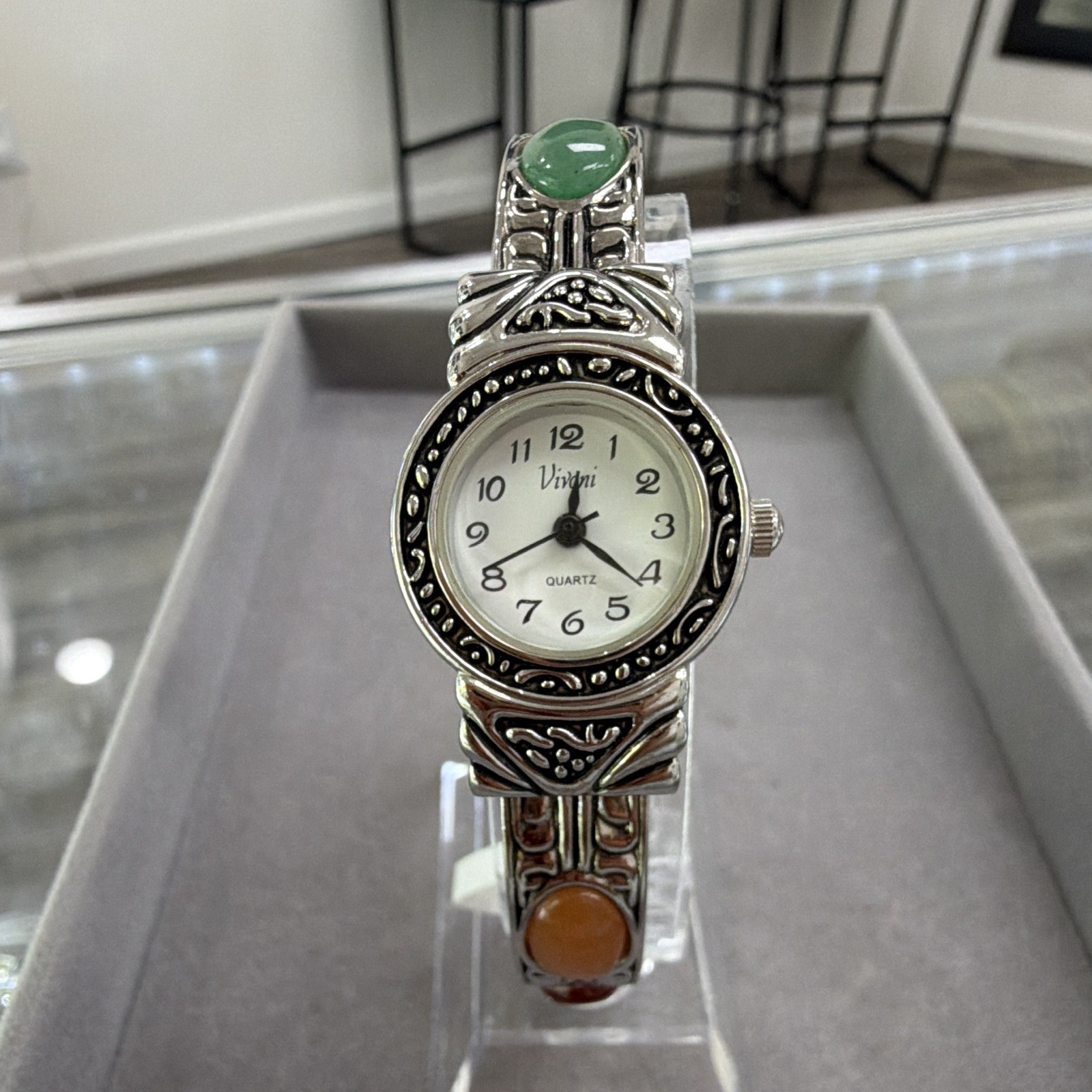 Vivani Women’s Quartz Analog Wristwatch Silver Tone Bangle White Dial Stones