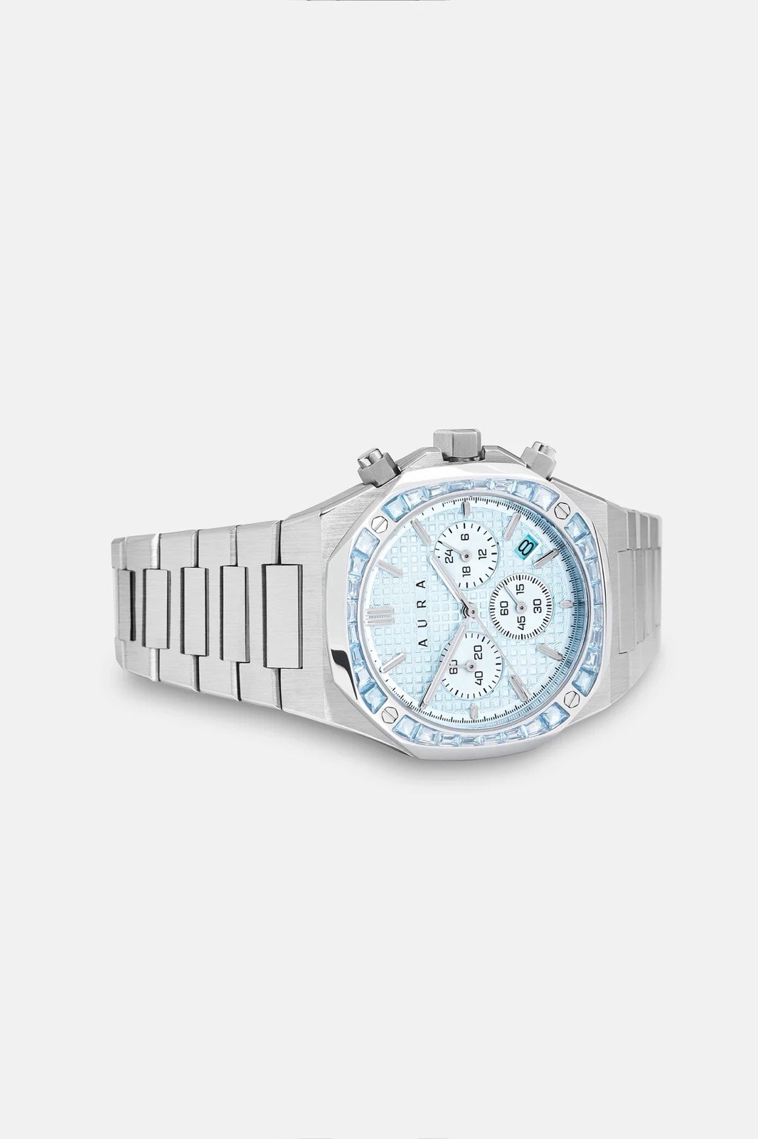 AURA Quartz Chronograph Date Blue Dial Octagon Steel Bracelet 40mm 50m w/Box